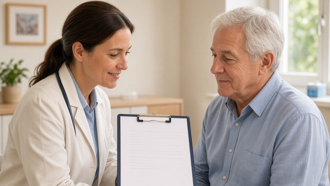 A clinician and patient reviewing a printed plan